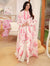 Robe Rose Plissée à Col Revers et Manches Longues