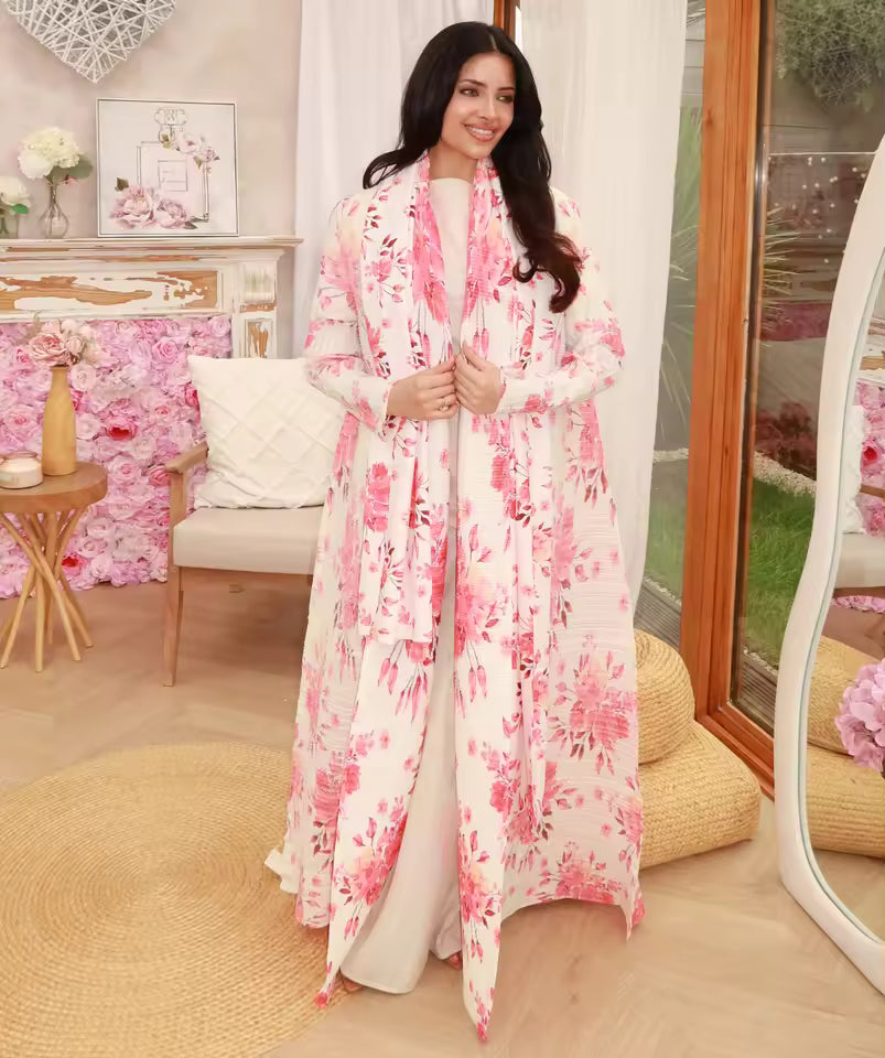 Robe Rose Plissée à Col Revers et Manches Longues