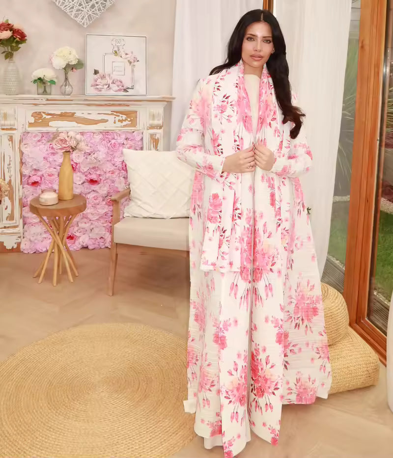 Robe Rose Plissée à Col Revers et Manches Longues